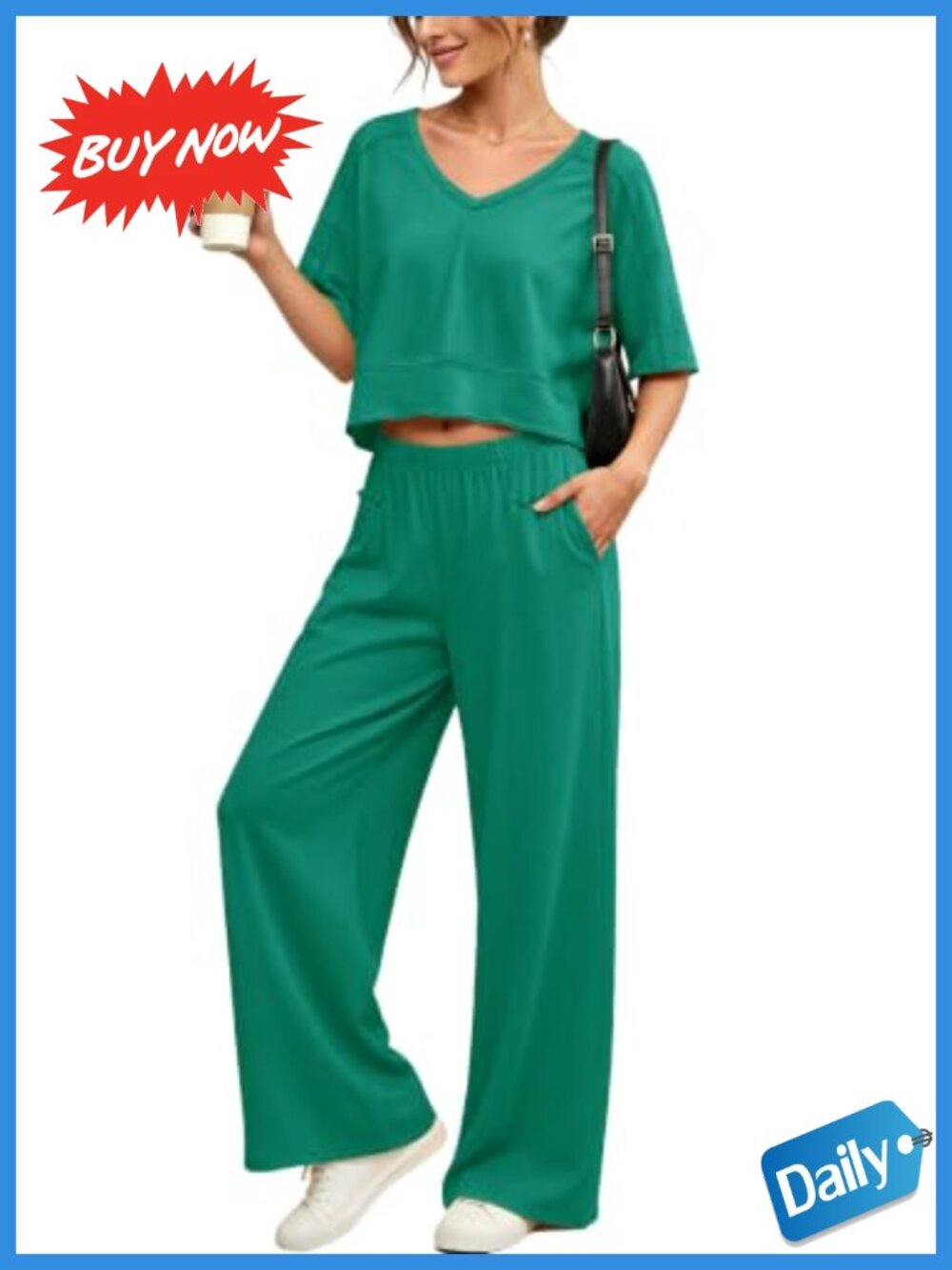 Women's 2 Piece Lounge Set V Neck Crop Top Wide Leg Pants
